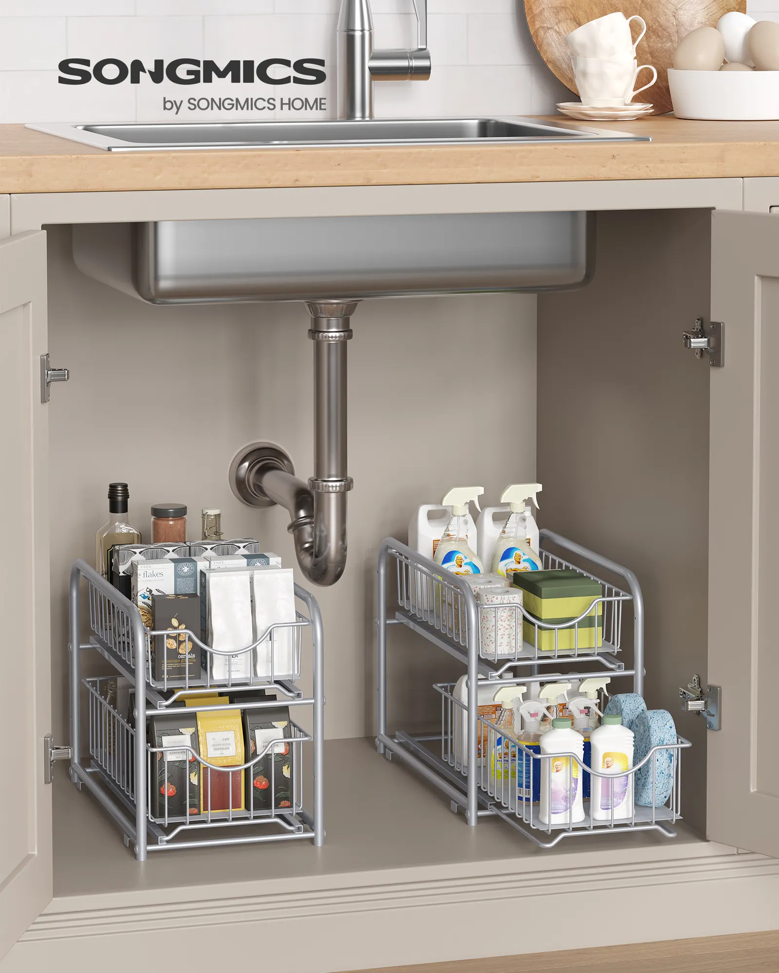 SONGMICS 2 Pull-Out Drawers for kitchen cabinet organizer and storage plate rack under sink organizers and storage