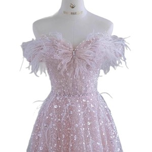 Pink Off The Shoulder Feather Evening Gown Empire Waist A Line Organza Dress For Bridal Engagement Party - Product Image 5