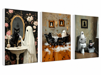Lot de 3 tableaux muraux chat noir fantôme pour salle de bain, toile tendue vintage gothique effrayante et mignonne, décoration rustique d'Halloween pour la maison
