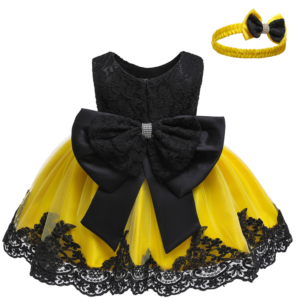 qian baby girl yellow black lace bow tie princess dress infant girl party dance birthday tu tu dress
