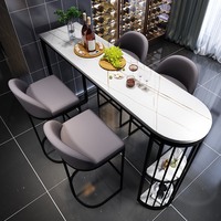 Table de bar en pierre frittée avec étagère de rangement, comptoir de petit-déjeuner ovale moderne pour cuisine avec tabourets de bar rembourrés pour la maison