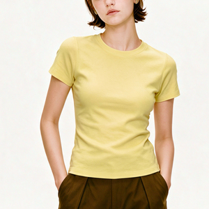 Custom Logo <b>Womens</b> 220GSM 94% Cotton 6% Spandex Ribbed <b>T</b> <b>Shirt</b> Fitted Crew Neck Short Sleeve Wholesale OEM ODM - Product Image 5