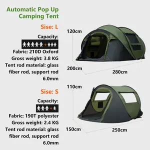 뜨거운 판매 작은 방수 인스턴트 오픈 야외 텐트 자동 팝업 캠핑 텐트 1-2 명