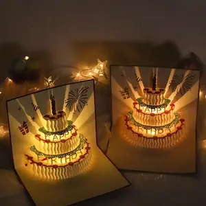 Cartes de vœux d'anniversaire 3D Pop-up Musique à lumière LED chaude Cadeaux de gâteau d'anniversaire Carte pop-up 3D