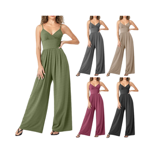 Combinaison longue décontractée pour femme, taille haute, tricotée, à fines bretelles, couleur unie, coupe ample, respirante, col en V, printemps-été - Product Image 4