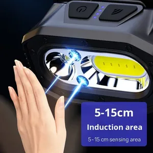 Lampe frontale LED rechargeable par USB, capteur de mouvement, double lumière COB LED, phare ultra lumineux avec affichage de la puissance, pour le camping, la pêche, la course à pied - Product Image 3