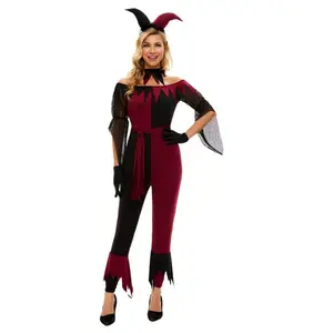 Bayanlar cadılar bayramı şeytan Jester Cosplay kostüm kadınlar seksi vampir palyaço performans kostüm