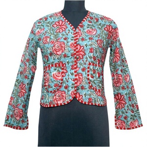 Handmade Reversible 100% Pure Cotton Woven Short <b>Quilted</b> Breathable Eco-Friendly V-neck Full Sleeve Ethnic <b>Jacket</b> Women - Product Image 1