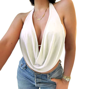 Débardeur femme Viviblook Z103TP01, couleur unie, col halter, décolleté plongeant, drapé, dos nu, sans manches, crop top sexy - Product Image 2