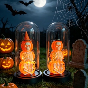 Halloween Decoration Warm Glow Halloween Light Halloween Skeleton Dome Cloche <b>Battery</b> <b>Operated</b> Lamp with Witch Hat Spooky - Product Image 5