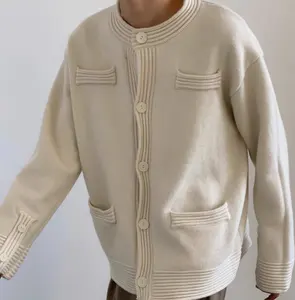 Kardigan Sweater Pria Rajut Lembut Uniseks, Ukuran Besar Leher Crew Lengan Panjang Kasual Modis OEM & ODM