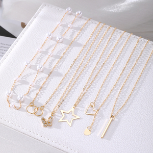 Collier Pendentif Multicouche Plaqué Or Tendance avec Cœur, Pentagramme, Papillon et Perle d'Imitation Géométrique pour Femme Bijoux - Product Image 6