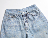 Jeans Denim bertumpuk biru pria musim gugur Label kustom pengiriman Drop kapal stok pakaian jalan celana Jeans longgar produsen dicuci