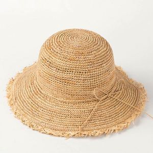 New Summer Fisherman <b>Hat</b> Crochet Raffia Grass Small Rough Straw Beach <b>Hat</b> with Bow String - Product Image 4