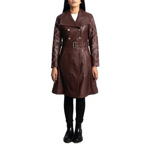 Manteau trench en cuir véritable marron foncé pour femme, double boutonnage, longueur genou, avec ceinture, style automne élégant, manches longues - Product Image 1