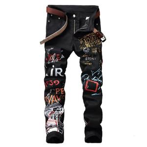 Pantalones Vaqueros de Moda Urbana para Hombre, Color Negro y Blanco, Estampado Personalizado de Diseñador, Pantalones Punk Ajustados de Mezclilla Hip-Hop - Product Image 4