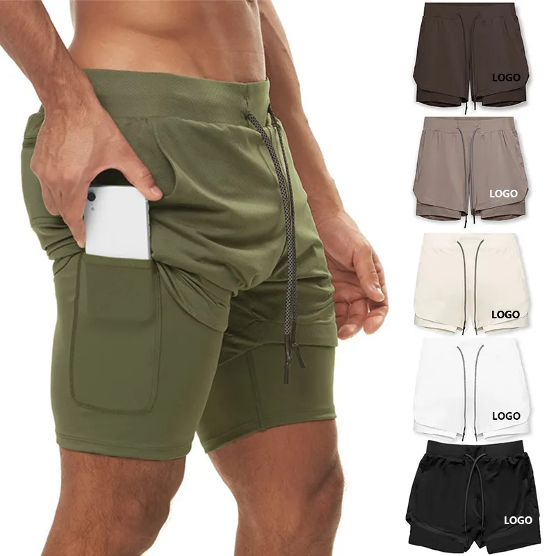 Male Active Wear Fitness Shorts With Zipper Pockets Towel Loop Jogging Gym Training Jogger 2 In 1 Shorts For Men