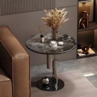 Table d'appoint de luxe italienne légère, table basse en marbre naturel simple en acier inoxydable, petite table basse ronde design
