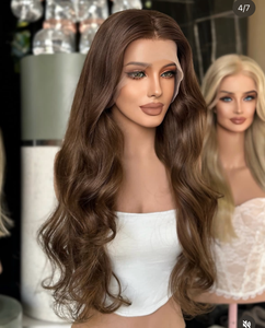 Parrucca Frontale in Pizzo con Onde Morbide da 26 Pollici, 100% <span class=keywords><strong>Capelli</strong></span> Umani, Marrone Naturale, Pre-Piumata con Attaccatura Naturale, Senza Colla, per <span class=keywords><strong>Donna</strong></span> - Product Image 1
