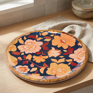 Plato redondo grande personalizado de madera de mango, bandeja para servir con estampado floral hecho a mano para decoración de mesa y servir platos - Product Image 1