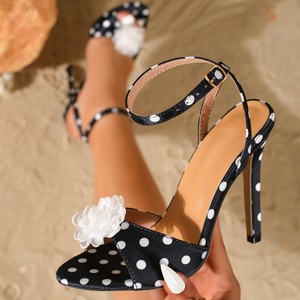 Sandali Donna Vintage con Motivo a Pois, Eleganti con Decorazione Floreale Bianca, Tacco alla Caviglia, Sexy con Punta Aperta, Scarpe da Cerimonia per Signore - Product Image 1