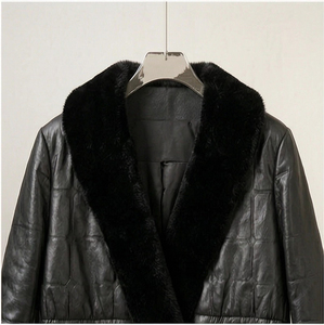 Manteau long en cuir pour <span class=keywords><strong>femme</strong></span>, veste cintrée à la taille avec bordure en fausse <span class=keywords><strong>fourrure</strong></span> - Product Image 4