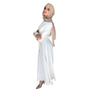 New Design OEM ODM Islamic Breathable Pure Color Muslim Abaya Embroidered Lace Lantern Sleeves Long Dress For Women