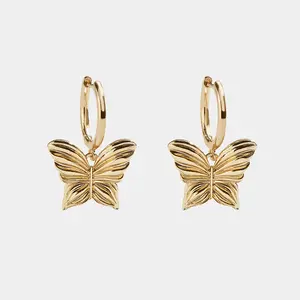 Wholesale Custom Fashion Jewelry 18K Gold Plated Dangle Drop Wings Hanging Butterfly Hoop Earrings for Women and Girls