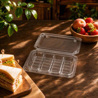Boîte alimentaire transparente en PET à clapet, 4 compartiments, avec couvercle articulé, pour emballage à emporter, salades, fruits, sushis, traiteur