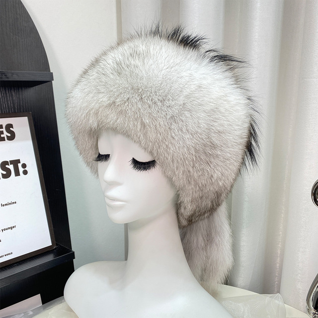 Women's Real Fox Fur Russian Hat with Fur Tail New Style Winter Warm Round Hat for Autumn Winter Common Fabric Feature