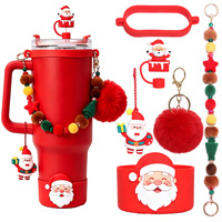 Ensemble de décorations de Noël 6 pièces : Manchons de tasse antidérapants en silicone, pendentifs pompons pour pailles de 10 mm, accessoires pour boissons de Noël