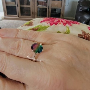 Anillo de compromiso de turmalina sandía, plata de ley 925, corte ovalado, cuarzo doblet bicolor, solitario, regalo para mujer, JOYERÍA ARTÍSTICA - Product Image 3