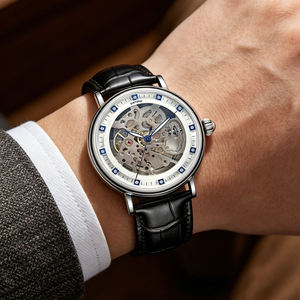 KINYUED J-147 Men's Mechanical <b>Watch</b> <b>Automatic</b> Movement <b>Skeleton</b> Dial Black Leather Strap Diamond Indexes Design Luxury Fashion - Product Image 4