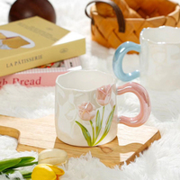 Mug Kopi Keramik Bermotif Bunga Terlaris, Cangkir Teh Keramik Pastel Bentuk Tulip Kustom, Cocok untuk Rumah, Festival, Kantor