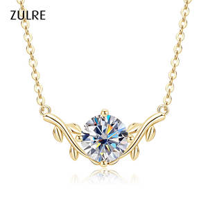 Elegante Collar con Colgante de Hoja y Cadena para Clavícula, Chapado en Oro Brillante, Moissanita de 2 Quilates, Color D, Claridad VVS1, Diseño de Planta de Vid, para Mujer - Product Image 1