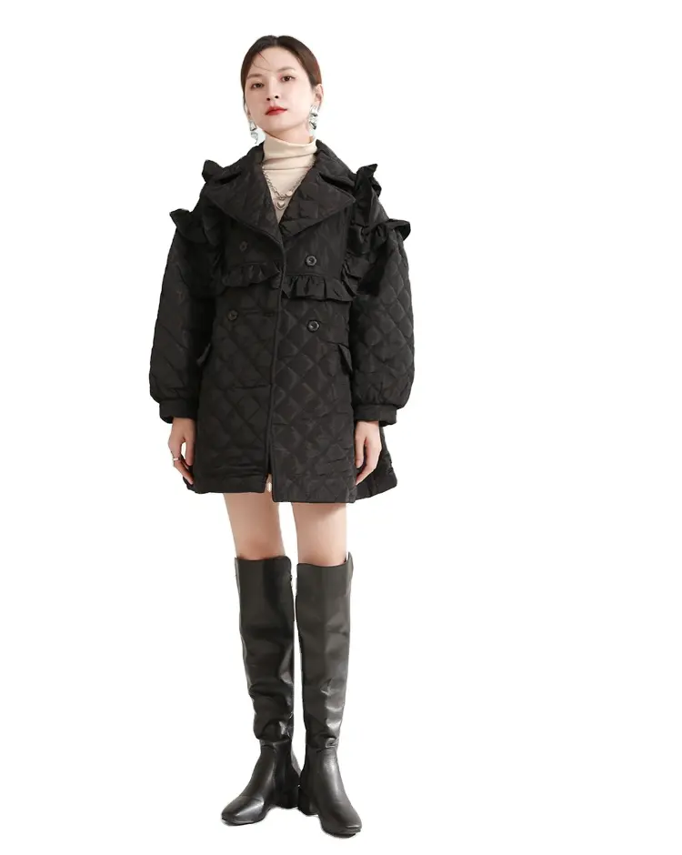 1908 Damen 2021 Vintage Loose Mittellanges Design Zweireiher-Baumwoll mantel