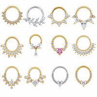 Anneau de nez articulé en titane ASTM F136 avec zircone cubique, design cœur et feuille, pour piercing de narine, bijou de mode