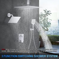 Ensemble de douche 12 pouces à montage au plafond, système de douche pluie avec 2 douches à effet pluie carrées, douchette à main, bouton poussoir de déviation et kit de finition en laiton