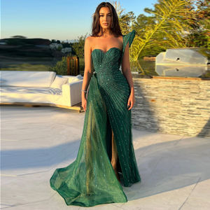 Di lusso <span class=keywords><strong>verde</strong></span> <span class=keywords><strong>smeraldo</strong></span> abiti da sera monospalla da donna a fessura alta lunghi abiti formali a sirena modello 3D SZ201-1 a pieghe - Product Image 4