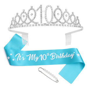 Ensemble de couronnes d'anniversaire OEM bleu ciel avec ruban, pour les anniversaires du 10e, 13e et 18e, lot de 3 accessoires pour <span class=keywords><strong>cheveux</strong></span>, couronne simple en cristal argenté - Product Image 1