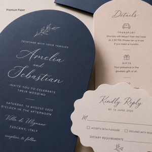 Suite d'invitations de mariage moderne bicolore personnalisée avec cartes découpées en forme d'arche et festonnées et motifs floraux simples en ligne - Product Image 3