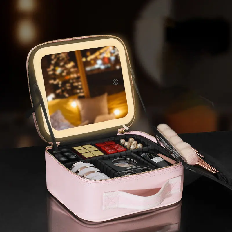 Portable Pu Make Up Organizer With Full Led Light Mirror Waterproof Cosmetic Case Storage Box Travel Hand Makeup Suitcase