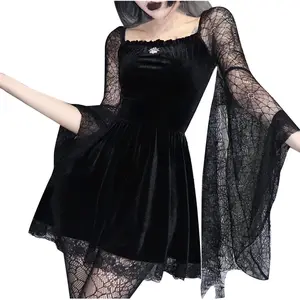 Black Goth Mall Lace Pattern Velvet Women Dress Sexy Elegant Party Club Robe Grunge Aesthetic E Girl Long Sleeve Dresses