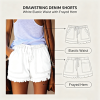 Shorts en jean taille haute à franges pour femme, avec cordon de serrage et taille élastique, en denim léger, vente en gros