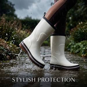 Wholesale Bulk Four Seasons Ladies Mid Calf Rubber Rain Boots Solid for Supermarket Retail Stock Gardening Supply
