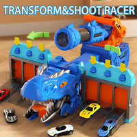 Jouet lanceur de camions dinosaures transformable, ensemble de jeu de véhicules dinosaures 2 en 1 avec mini voitures et rangement, cadeau pour garçons et filles de 3 ans et plus
