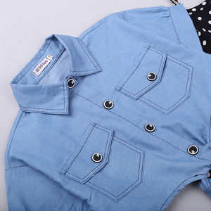 New Style Summer Short Sleeve Denim <b>Jacket</b> Polka Dot Slip Kids Girls Dress - Product Image 3