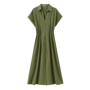 Vestido Midi de Lino y Algodón con Cuello y Botones para Mujer, Cintura Elástica, Manga Corta, Casual, Ecológico, Otoño Invierno - Product Image 2