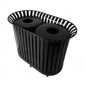 Poubelle à double compartiment cylindrique en métal, à ouverture supérieure, pour extérieur, recyclage, robuste, design minimaliste, noire - Product Image 1