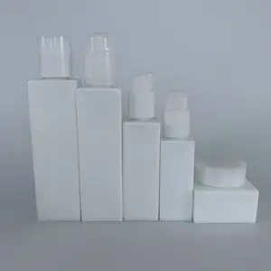 Penjualan Langsung Pabrik Botol Lotion Kaca Persegi Opal Putih dengan Pompa atau Tutup Sekrup untuk Kemasan Kosmetik Perawatan Kulit